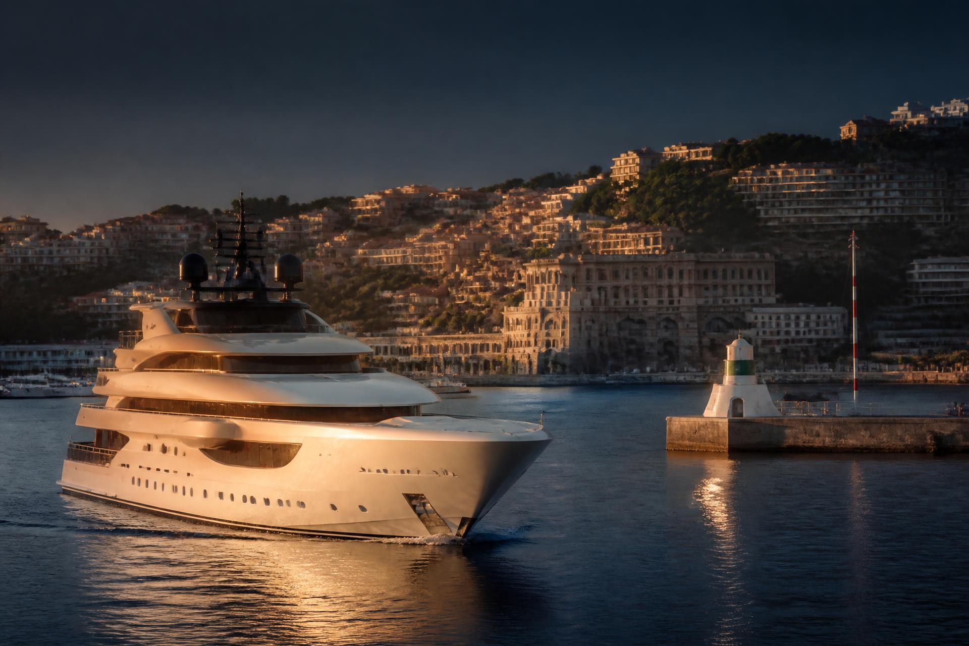 Superyacht entering Port Hercule, Monaco at golden hour
